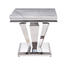 Satinka End Table, Light Gray Printed Faux Marble & Mirrored Silver Finish