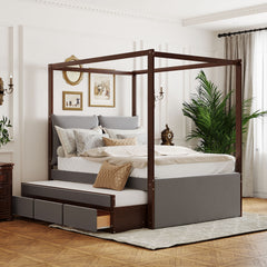 Full Size Upholstered Canopy Bed with Trundle and 3 Drawers - Gray