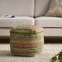 Handcrafted Boho Fabric Pouf - Sage and Multi-Color