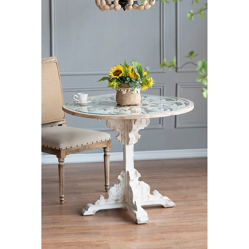 Round Wooden Carved Table - Distressed White Finish Design 24x28.5"