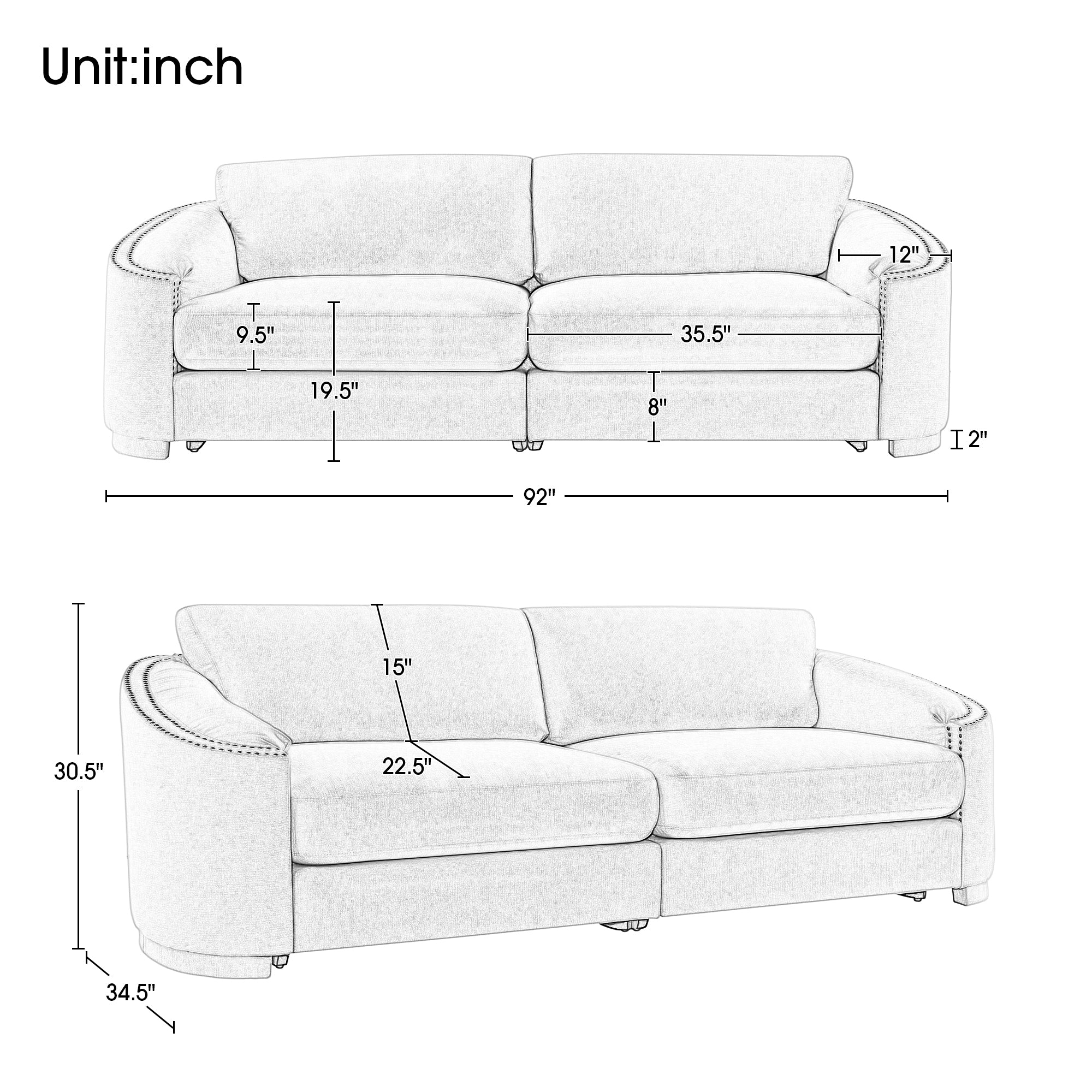 Stylish Sofa with Semilunar Arm, Rivet Detailing, and Solid Frame -  Beige