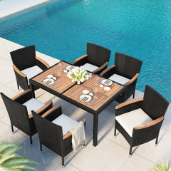 7-Piece Outdoor Patio Dining Set, Stackable Armrest Chairs with Cushions - Brown
