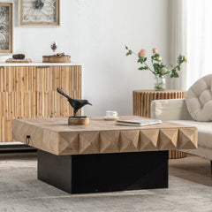 Three-dimensional Embossed Pattern Square Retro Coffee Table - Natural