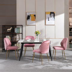Modern Woven Velvet Upholstered Dining Chairs with Barrel Backrest and Gold Metal Legs (Set of 2) - Pink