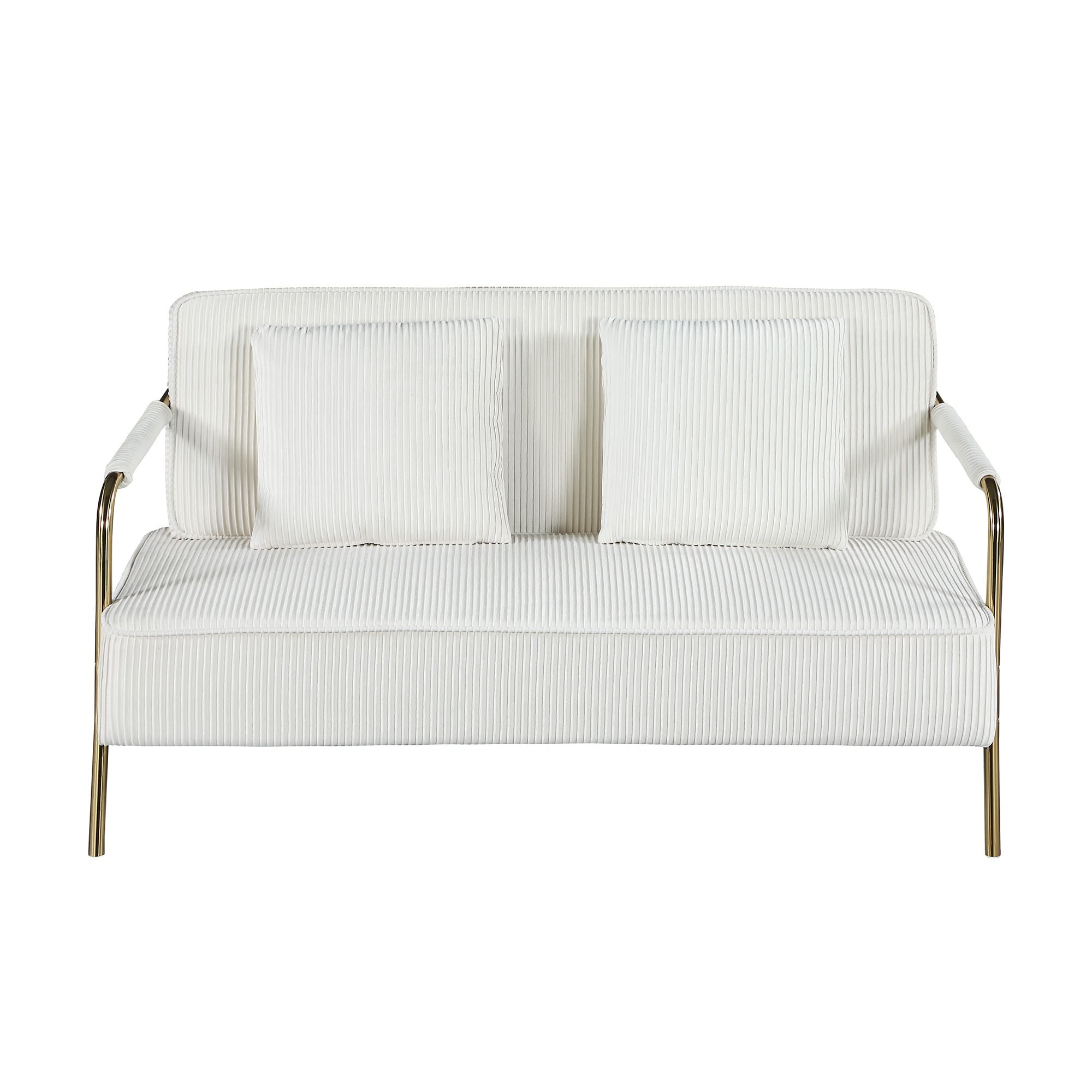 56" Width Modern Upholstered Pleated Velvet Loveseat Comfy 2 Seater Small Sofa Couch with Gold Metal Legs 2pcs Throw Pillows for Living Room,Small Spaces,Apartment, Bedroom,Office,Beige