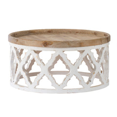 French Country Rustic Round Wooden Coffee Table - White