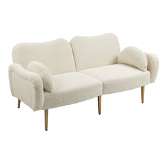 Mid Century Modern Velvet Love Seats Sofa with 2 Bolster Pillows, Loveseat Armrest - White Teddy