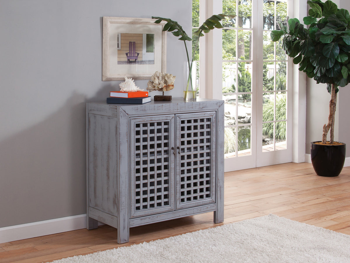 Farmhouse Inspired Accent Cabinet - Lattice Work Front - Distressed Grey Finish