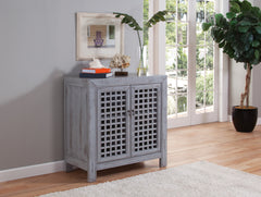 Farmhouse Inspired Accent Cabinet - Lattice Work Front - Distressed Grey Finish