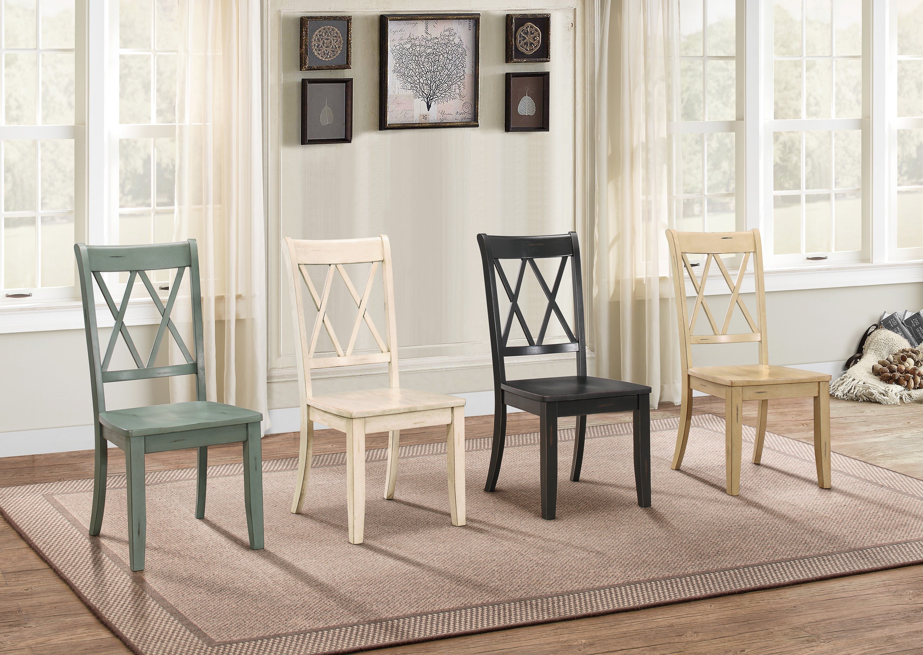 Pine Veneer Transitional Double-X Back Design Dining Room Chairs (Set of 2) - White