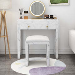 Tempered Glass Vanity Set, Dressing Table with Soft Cushioned Stool - White