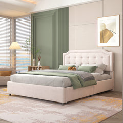 Queen Bed Upholstered Platform with Classic Headboard and 4 Drawers - Beige