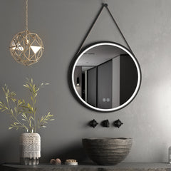 24inch Black Round Frame with Lamp Hanging Bathroom Mirror