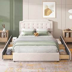 Queen Bed Upholstered Platform with Classic Headboard and 4 Drawers - Beige