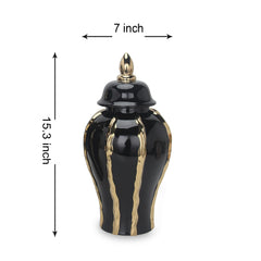 15" Elegant Black Ceramic Ginger Jar Vase with Gold Accents and Removable Lid