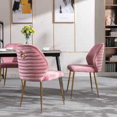 Modern Woven Velvet Upholstered Dining Chairs with Barrel Backrest and Gold Metal Legs (Set of 2) - Pink
