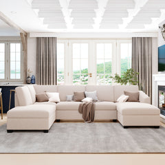 Modern Large U-Shape Sectional Sofa, Double Extra Wide Chaise Lounge Couch - Beige