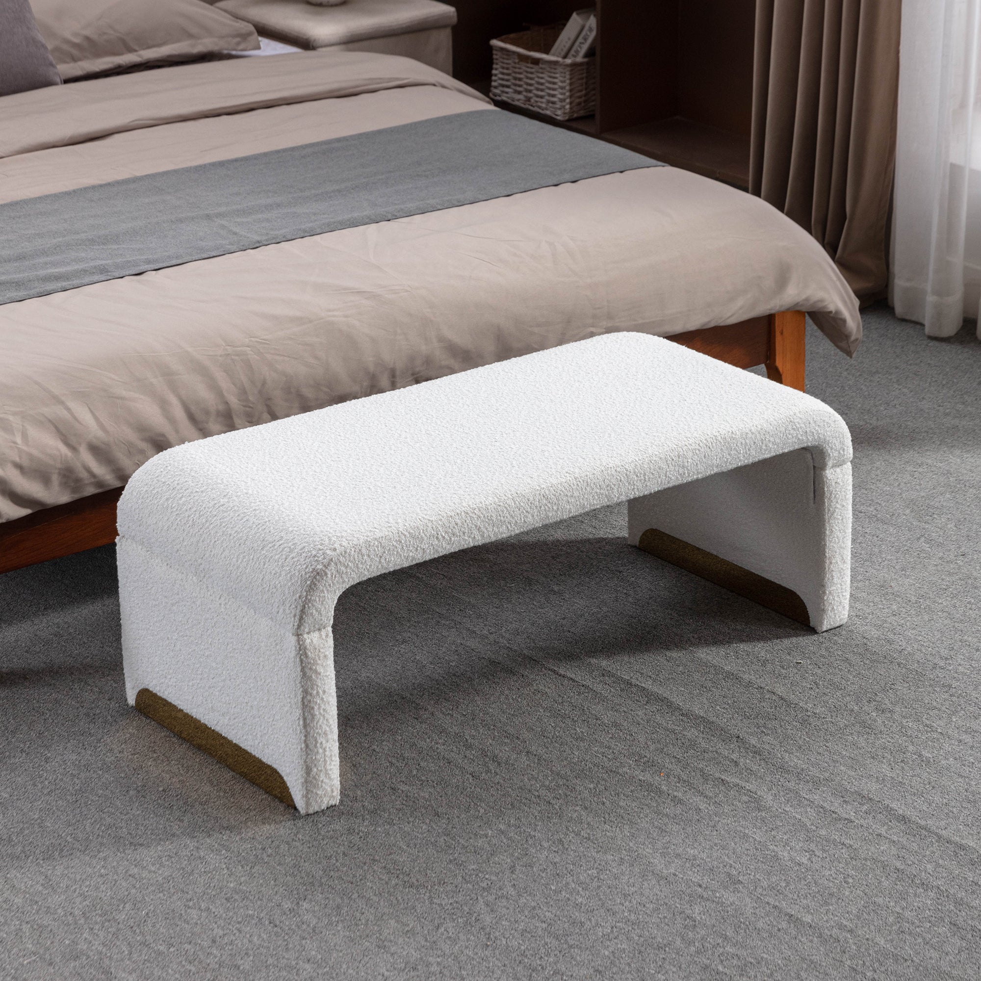Boucle Fabric Footstool Bedroom Bench With Gold Metal Legs - Ivory White