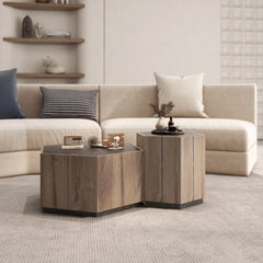 Hexagonal Rural Style Garden Retro Living Room Coffee Table with 2 drawers - Textured Black + Warm Oak