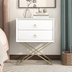 Nightstand with 2 Drawers & Golden Handle,Storage Bedside Table - White