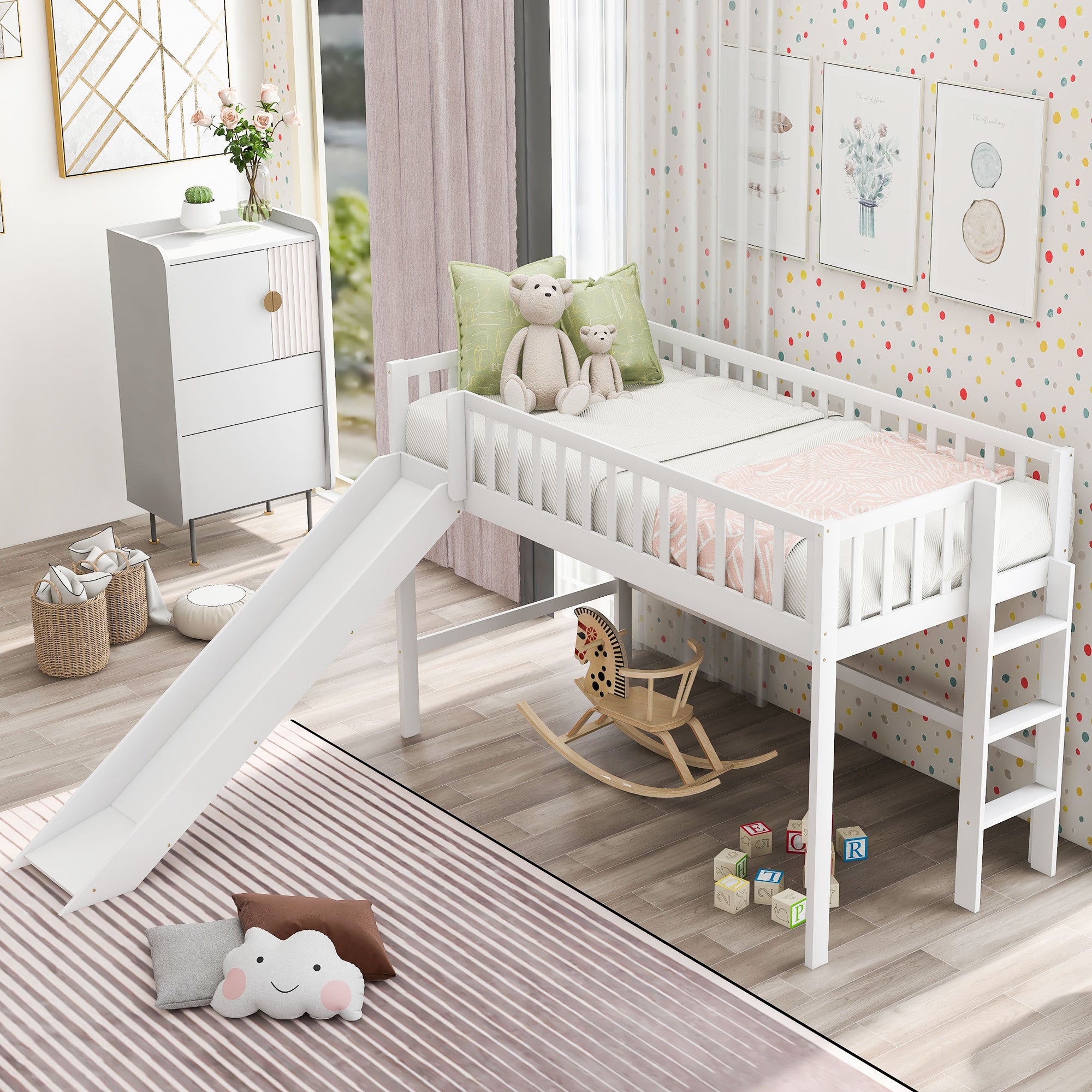 Twin Size Low Loft Bed with Ladder and Slide - White