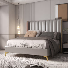 56" Tall Headboard Channel Tufted Upholstered Platform Bed with Thickening Pinewooden Slats and Metal Leg, Queen Size Bed Frame - Light Grey