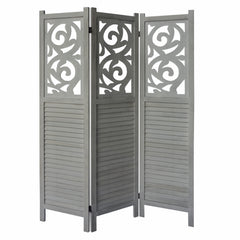 Paulownia Wood Panel Divider Screen, 67 Inch Ornate Scrolled Shutter Design, 3 Panels - Rustic Gray