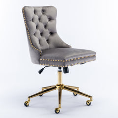 Velvet Upholstered Tufted Button Home Office Chair with Golden Metal Base - Grey