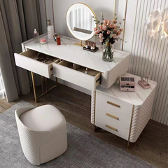 Makeup Vanity Set with LED Lighted Mirror, 5 Drawers, Modern Dressing Table Sintered Stone, Stool, 47.24''- White