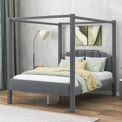 Queen Size Upholstery Canopy Platform Bed with Headboard,Support Legs - Gray