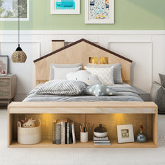 Full Size House Platform Bed with LED Lights and Storage - Wood Color