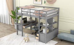 Twin Size Loft Bed with Built-in Desk with Two Drawers, and Storage Shelves and Drawers - Gray