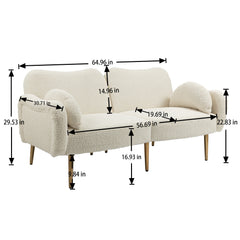 Mid Century Modern Velvet Love Seats Sofa with 2 Bolster Pillows, Loveseat Armrest - White Teddy