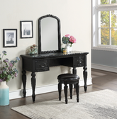 Bedroom Classic Vanity Set Wooden Carved Mirror Stool Drawers - Black