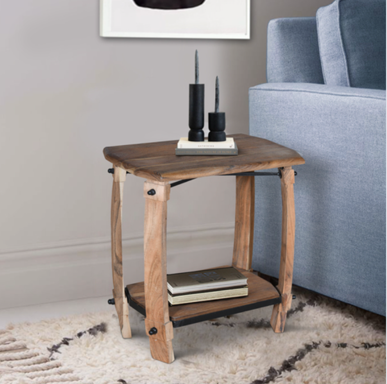 MAICOSY 25 Inch Retro Acacia Rectangular Wood Accent Table with Shelf Brown