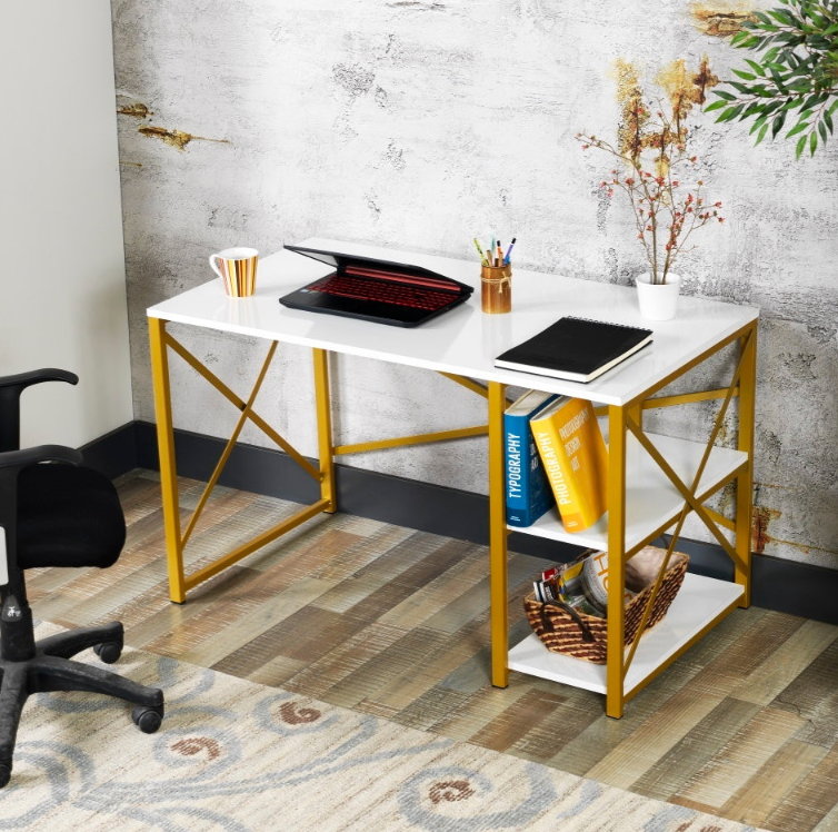 Gold Metal Frame 47" Wooden Top 2 Shelves Computer Desk - White
