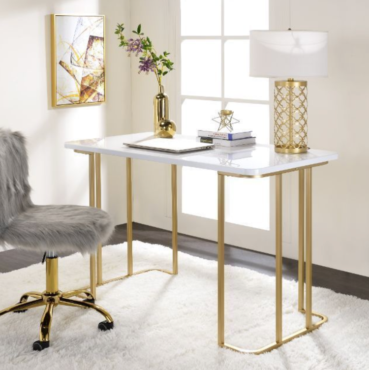 Modern Writing Desk - White & Gold Finish