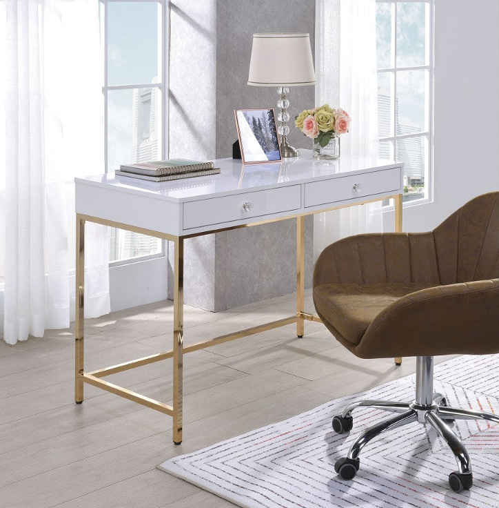 White High Gloss & Gold Contemporary Desk