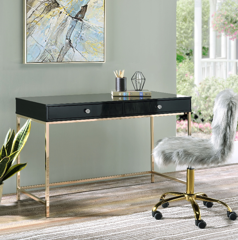 Black High Gloss & Gold Finish Contemporary Writing Desk