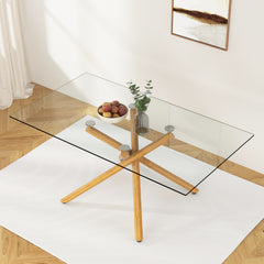 Modern Minimalist Rectangular Glass Dining Table for 6-8 with 0.39" Tempered Glass Tabletop and Wood color Metal Legs