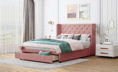 Queen Size Storage Bed Velvet Upholstered Platform Bed with Wingback Headboard and a Big Drawer - Pink
