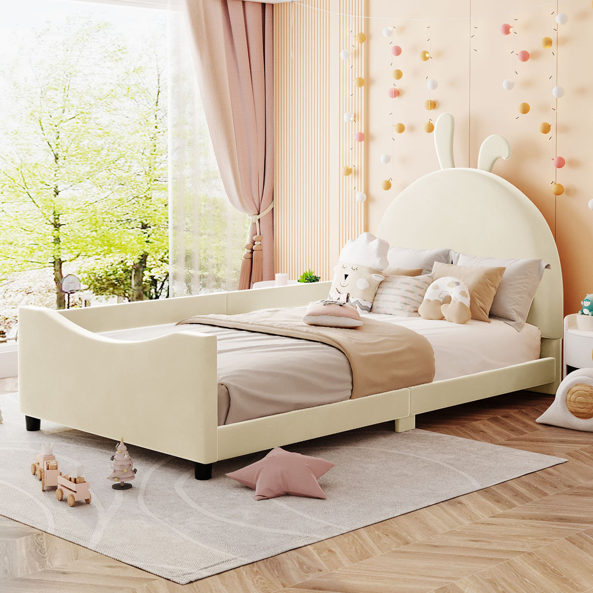 Twin Size Upholstered Daybed with Rabbit Ear Shaped Headboard - Beige