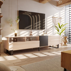 Modern TV Stand for 80'' TV with Double Storage Space - Natural Wood