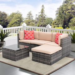 5Pcs Outdoor Garden Patio Furniture PE Rattan Wicker Sectional Cushioned Sofa Sets with 2 Pillows and Coffee Table