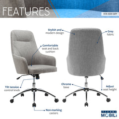 Comfy Height Adjustable Rolling Office Desk Chair with Wheels - Grey