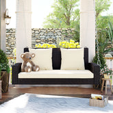 2-Person Wicker Hanging Porch Swing with Chains, Cushion, Pillow, Rattan Swing Bench for Garden, Backyard, Pond (Brown Wicker, Beige Cushion)