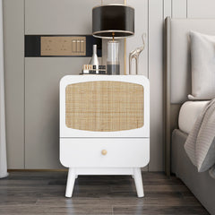 White Nightstand, Bedside Table with Storage Drawe/ Rattan Door