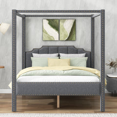 Queen Size Upholstery Canopy Platform Bed with Headboard,Support Legs - Gray