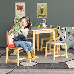 5 Piece Kiddy Table and Chair Set , Kids Wood Table with 4 Chairs Set Cartoon Animals(3-8 years old)