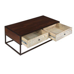 45 Inch Carson Rectangular Mango Wood Coffee Table with Metal Frame and 2 Drawers - Brown and Black